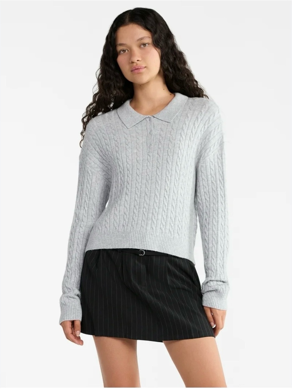 No Boundaries Light Gray Cable Knit Polo Sweater